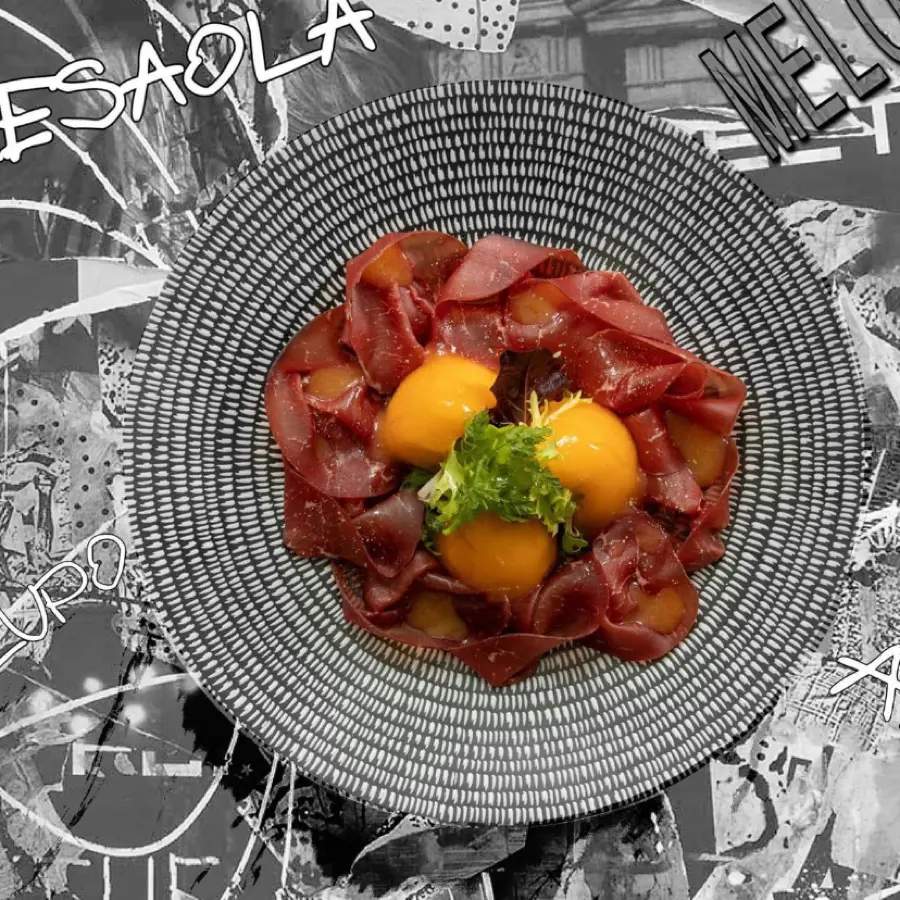 creation thumb for Bresaola with Cantaloupe and melon couli.