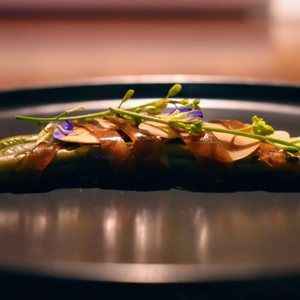 creation thumb for Charred French beans, almonds, onion balsamic "tagliatelle"