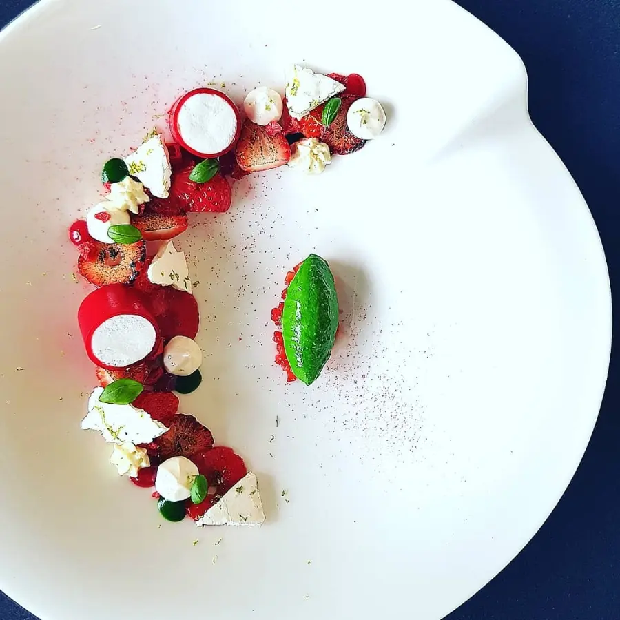 creation thumb for New forest Strawberries, white chocolate parfait, basil and lime ice cream, merangues