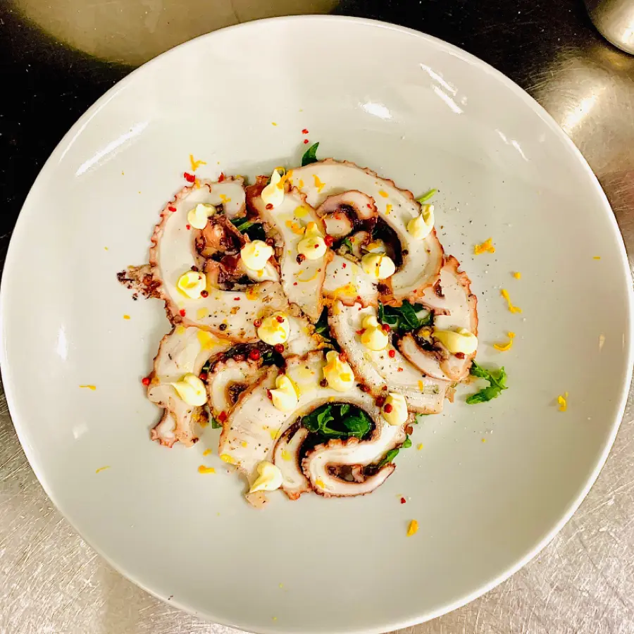 creation thumb for Oktopus carpaccio with orange-mayo, zest orange and  orange oil