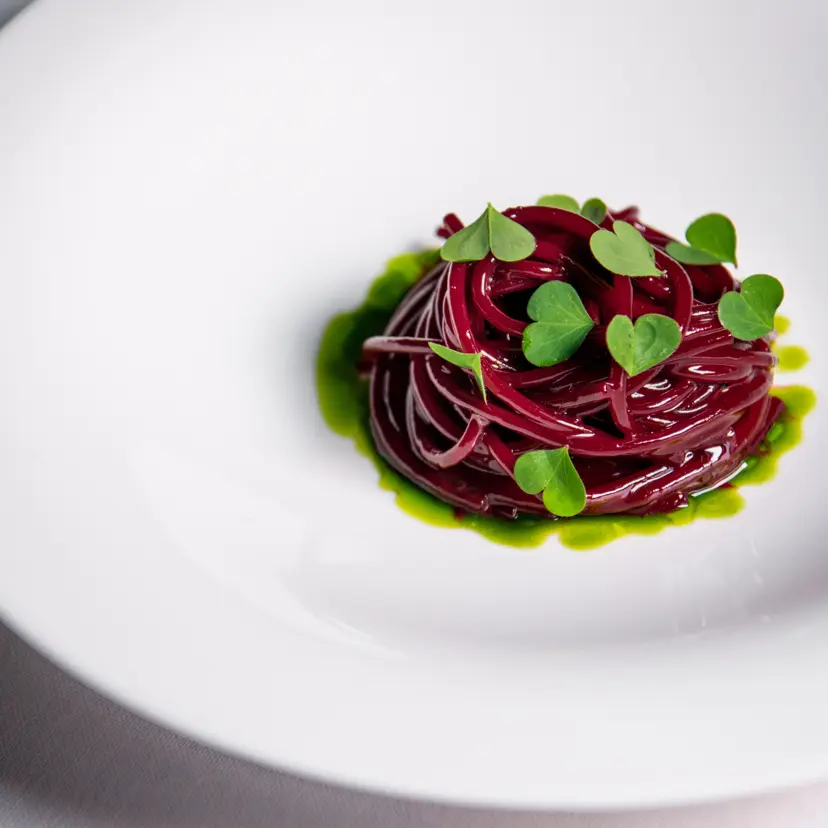 creation thumb for Beetroot spaghetti, chervil chlorophyl and sour butter.