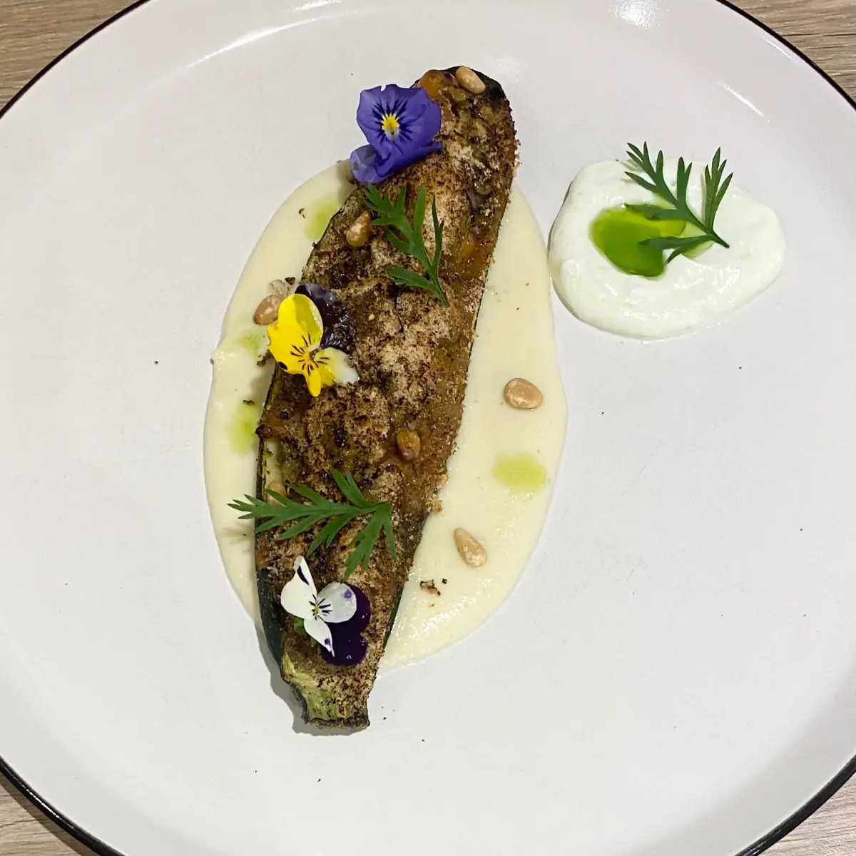 creation thumb for Stuffed Courgette with lentil and bacon cassoulet,Parsnip and pear purée,lime yoghurt,Coriander oil.