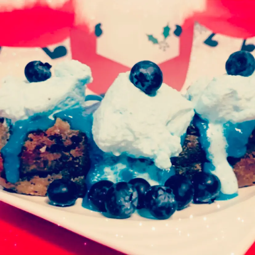 creation thumb for Blueberry bread pudding with vanilla sauce and blueberry whipped cream
