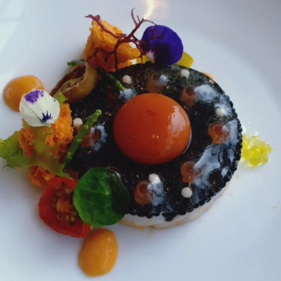 creation thumb for Marinated lobster escabache, fermented garlic, ikura, tomato spong and beluga caviar
