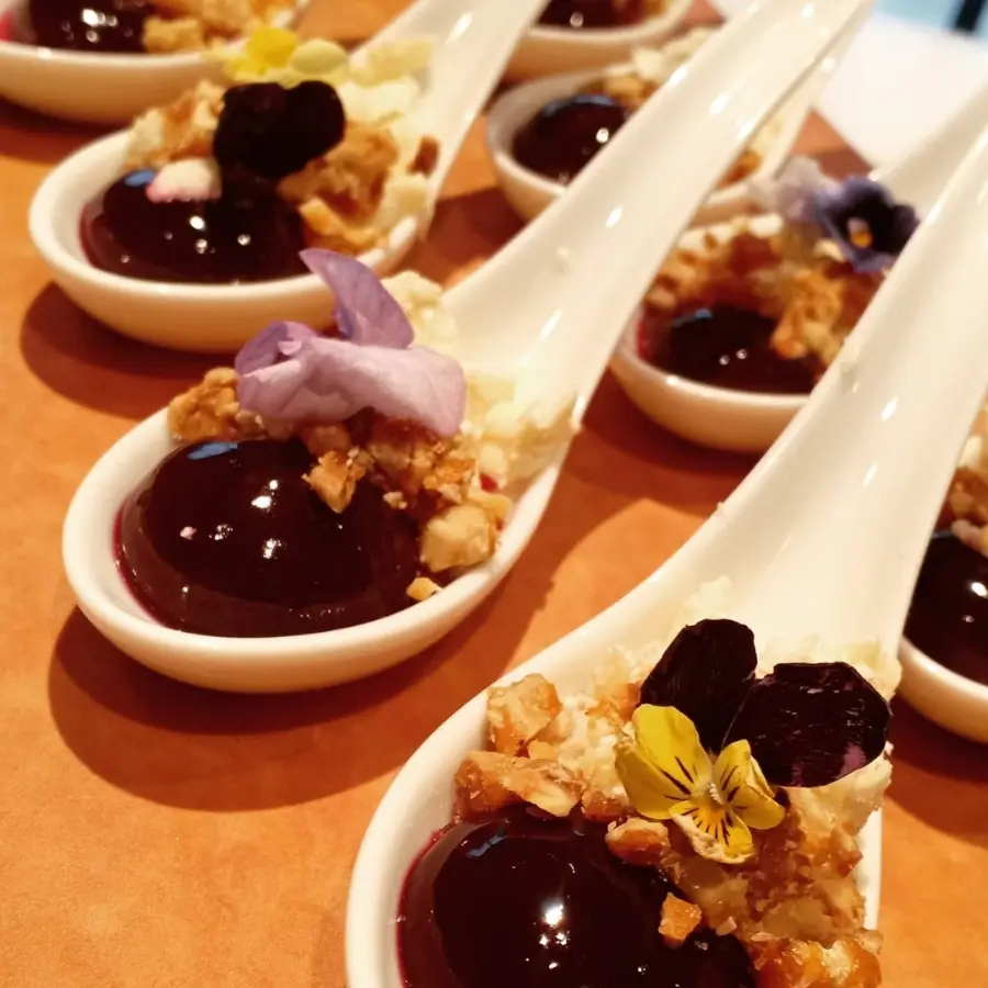 creation thumb for Balsamic beetroot sphere with goat cheese and caramelized walnut