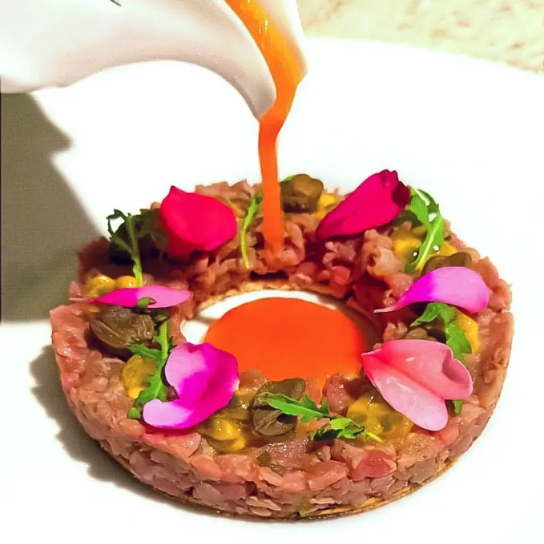 creation thumb for Veal tartar, summer gazpacho, fennel seed crisp