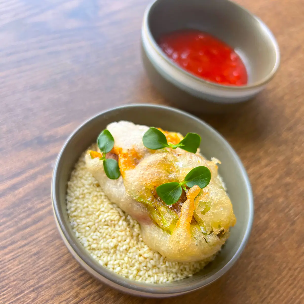 creation thumb for Fried flower with meat tartare filling, raspberries and sesame