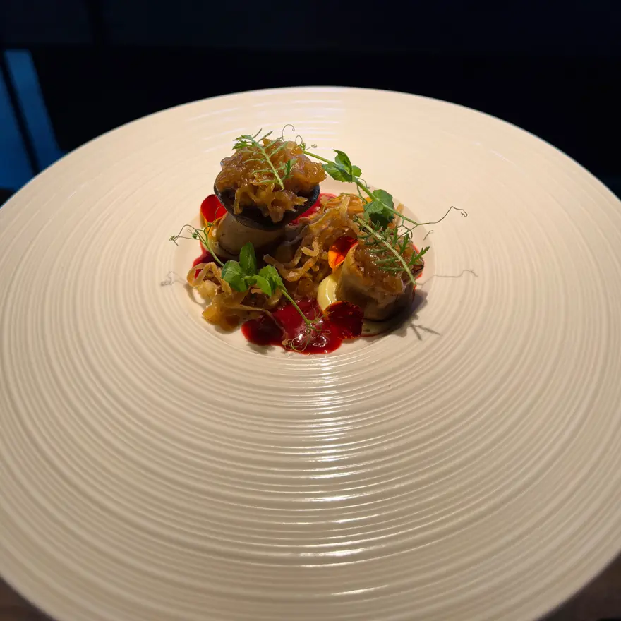 creation thumb for Roasted King Oyster Mushroom with Crispy Onion & Berry Jus