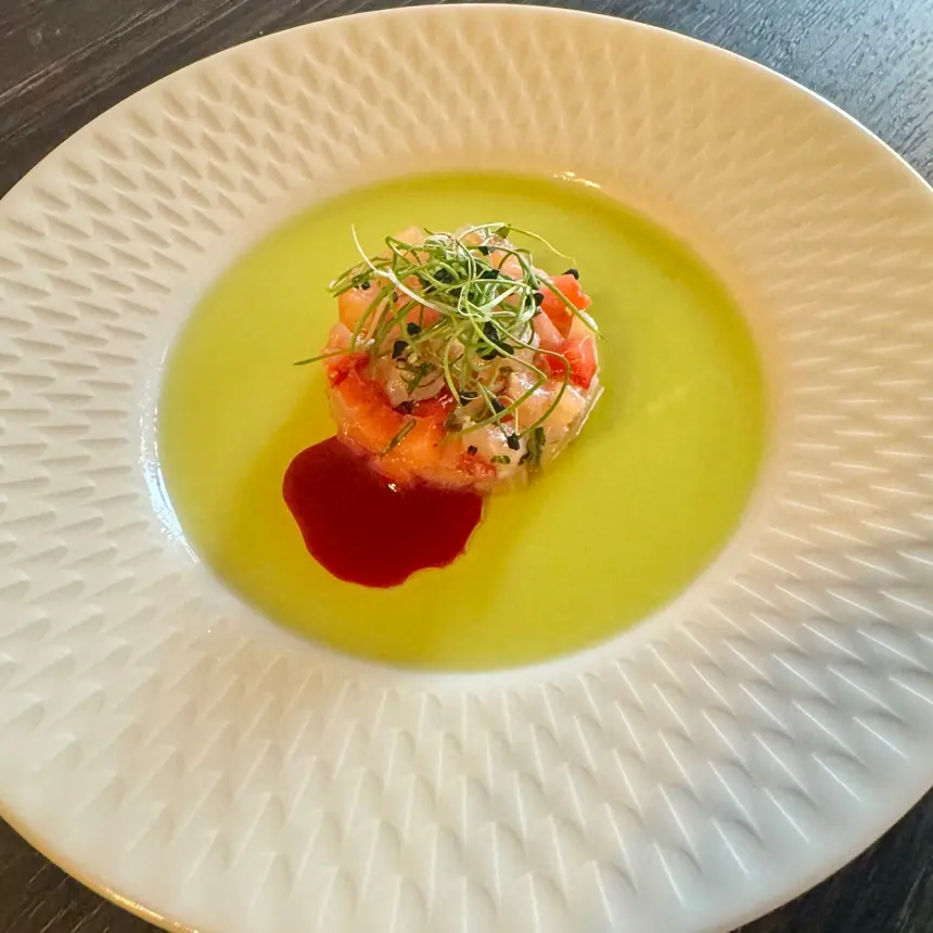 creation thumb for Salmon & Strawberry Tartare with Basil and Mint Oil (Amuse-B