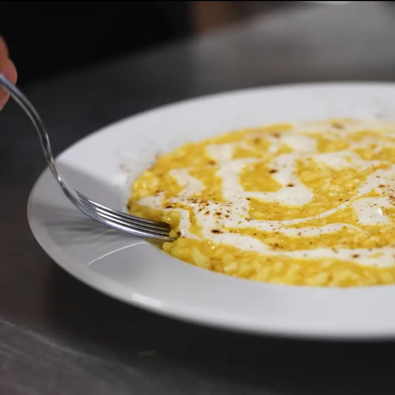creation thumb for Risotto with pumpkin cream, taleggio fondue and licorice