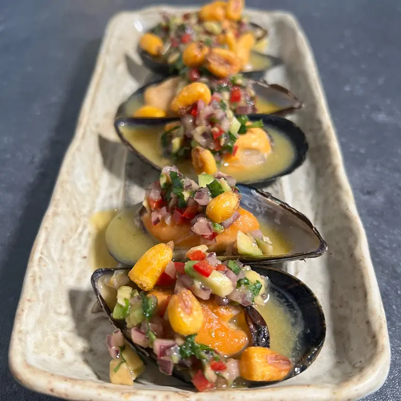 creation thumb for Mussels with Chalaca and Yellow Chili Tiger Milk