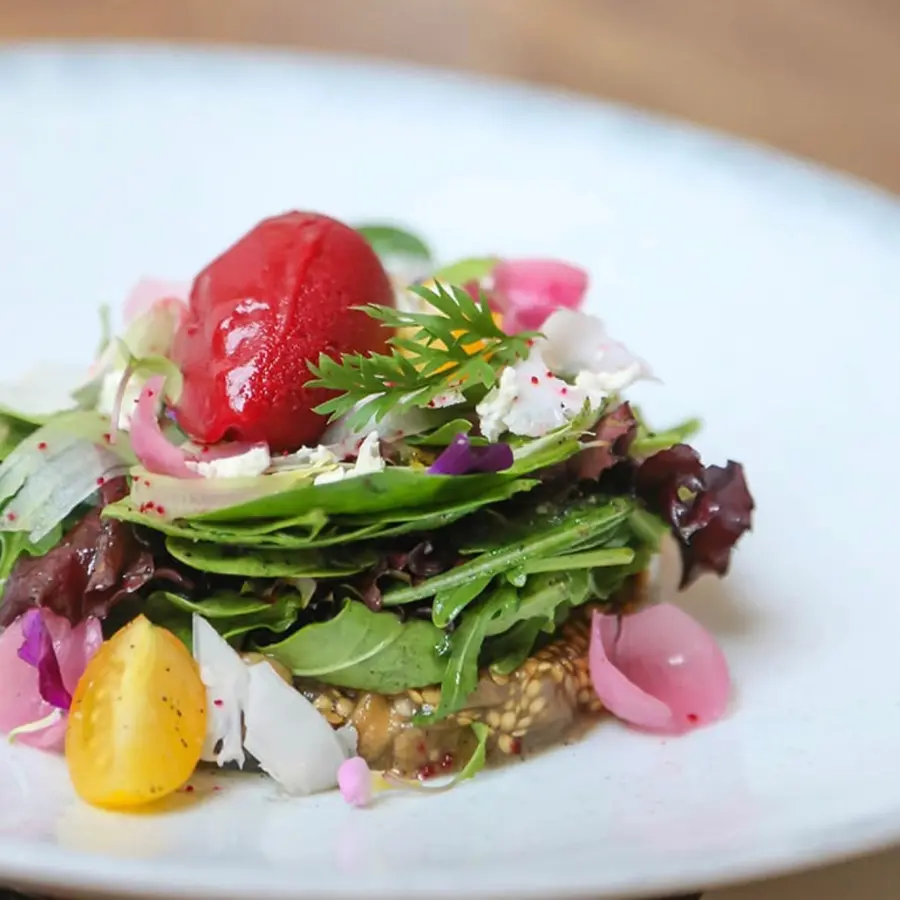 creation thumb for Baked eggplant, baby lettuce, cherry tomato, coliflower, beet sorbet, pickled onions.
