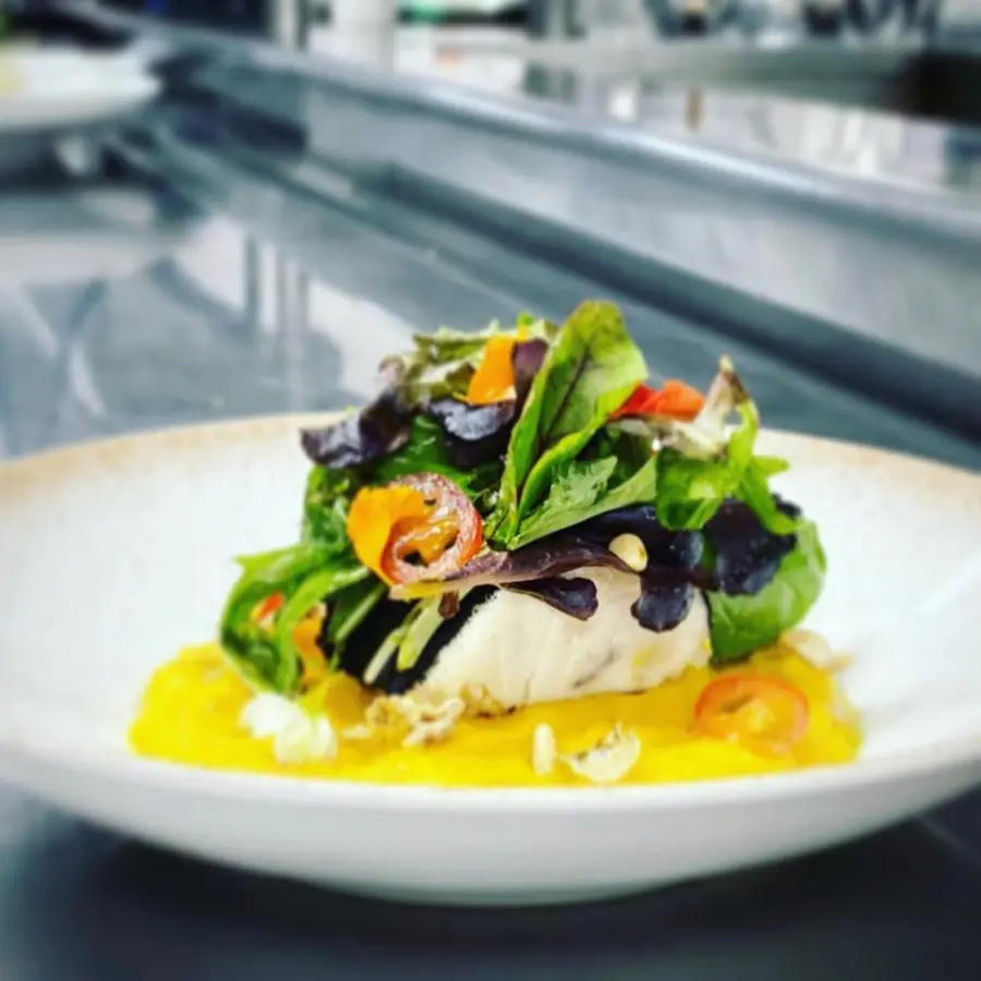 creation thumb for Butter fish, squash, greens, pistachio.