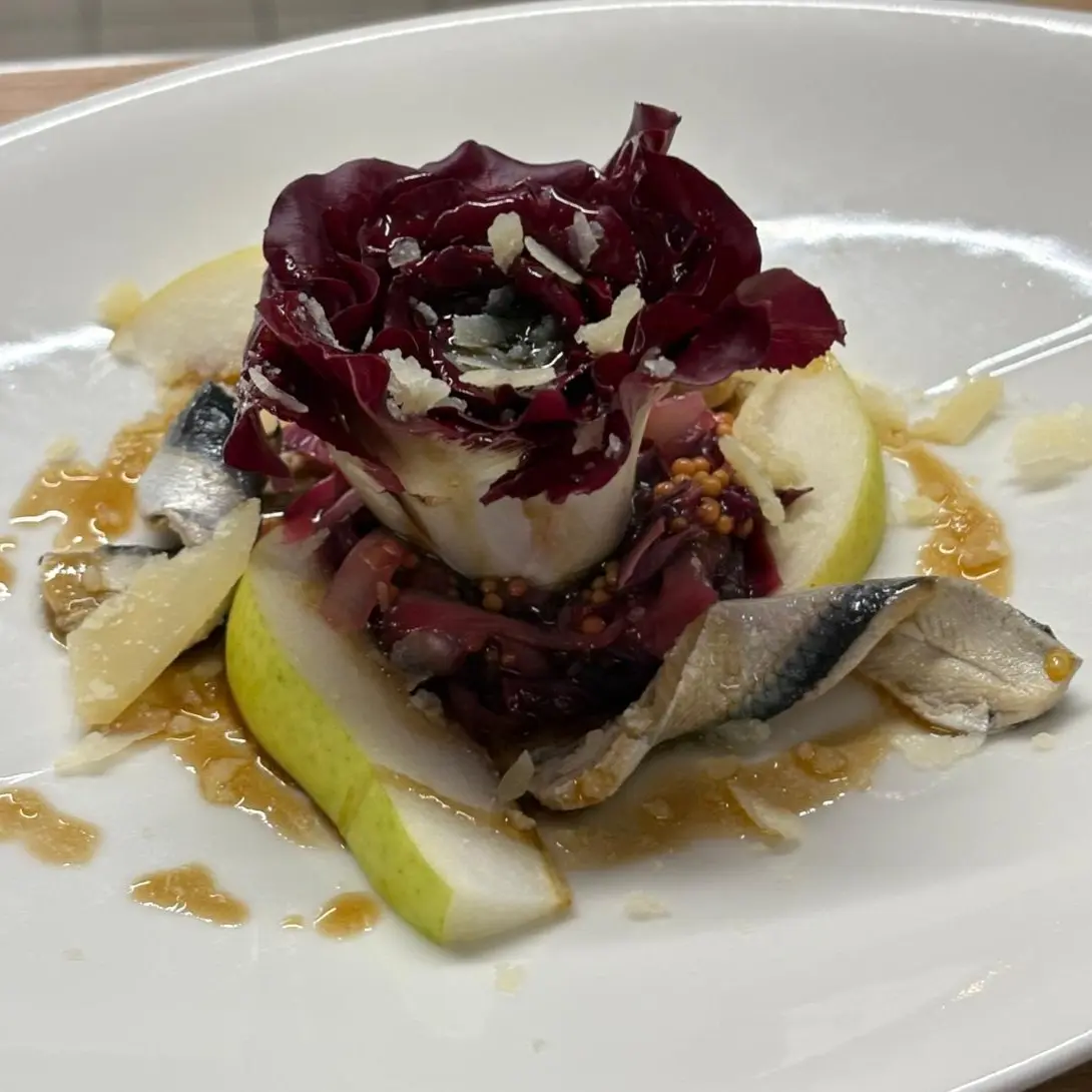 creation thumb for Rosa del Isonzo · Pear · Anchovies · Mustard Dressing