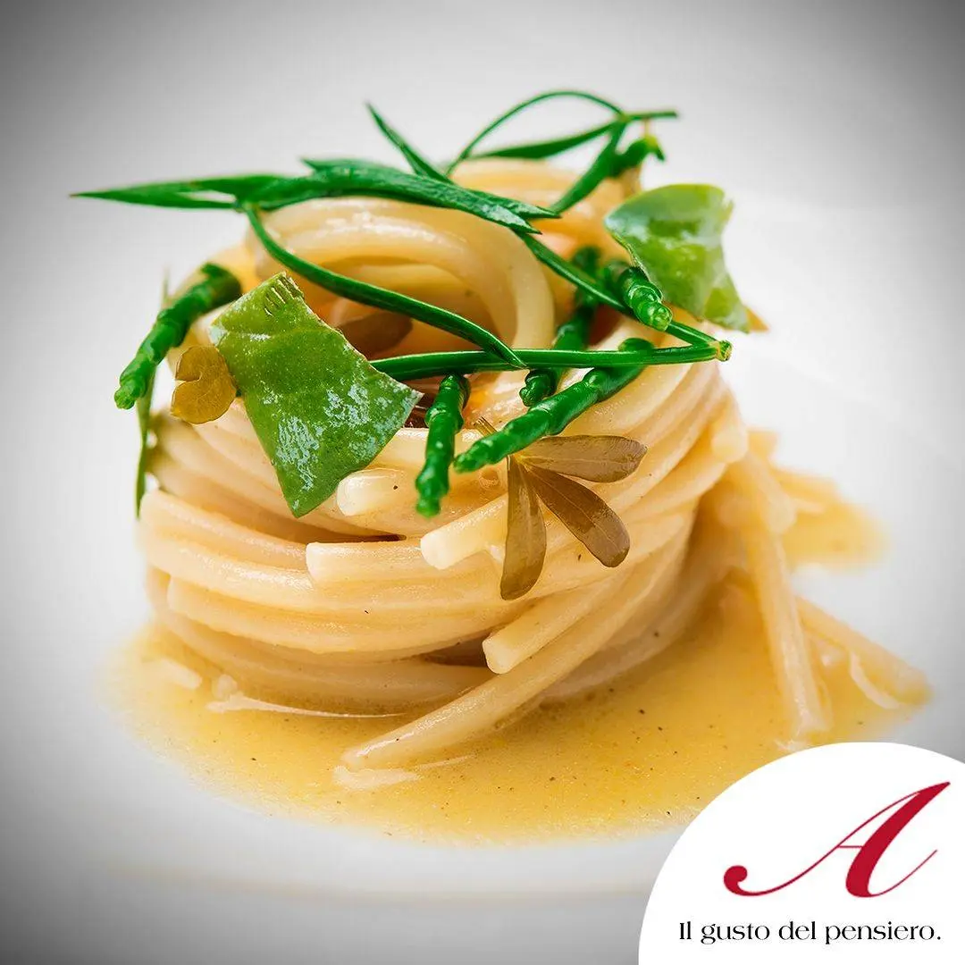 creation thumb for Spaghetti, anchovy butter, egg toffee and shoal herbs