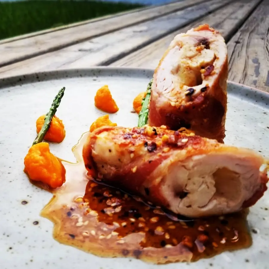 creation thumb for Bacon Chicken roulade stuffed witt boconcini cheese, carrot maple puree,Pasilla and seeds sauce