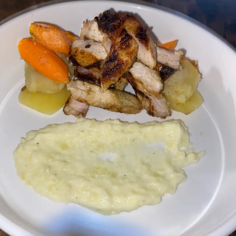 creation thumb for Mojo pork chop , blanched vege finished with potato purée