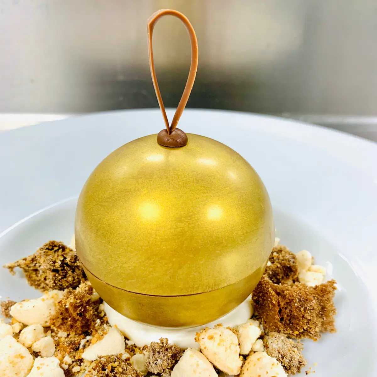 creation thumb for Christmas Ball Dessert 🎄⭐️🎅🏻⭐️🎄🔝👨🏻‍🍳🔝 #rossosulmare #bestrestaurant #pastrychef #christmasball #valrhona #cremachantilly #panchocolate #gourmetdessert