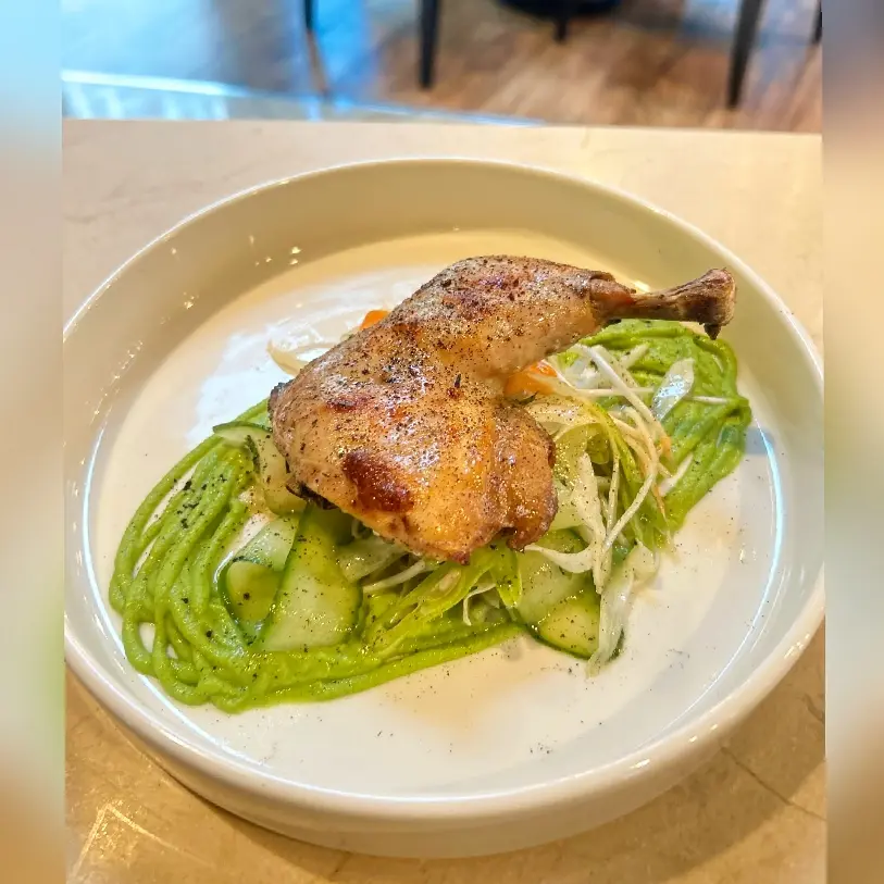 creation thumb for Confit Chicken Green Pea Puree with cucumber Fennel Salad