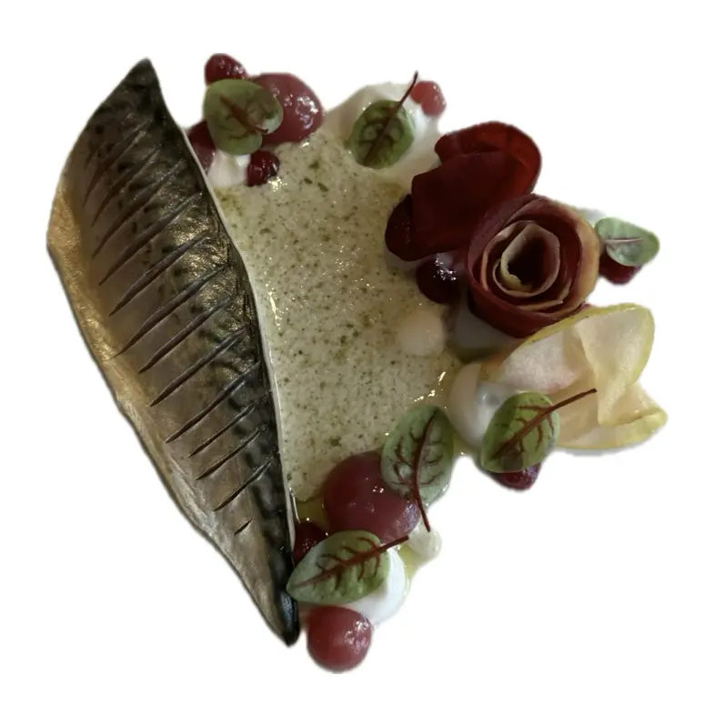 creation thumb for Mackerel, vegetable horseradish cream & pomegranate gel