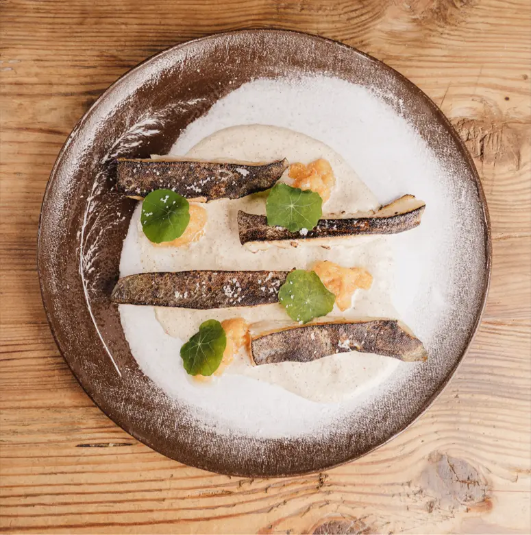 creation thumb for Mackerel with Hazelnut Cream, Persimmon and Nasturtium