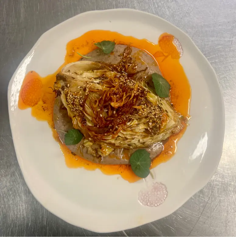 creation thumb for Braised pointed cabbage, Scarlet bean hummus,Chili oil