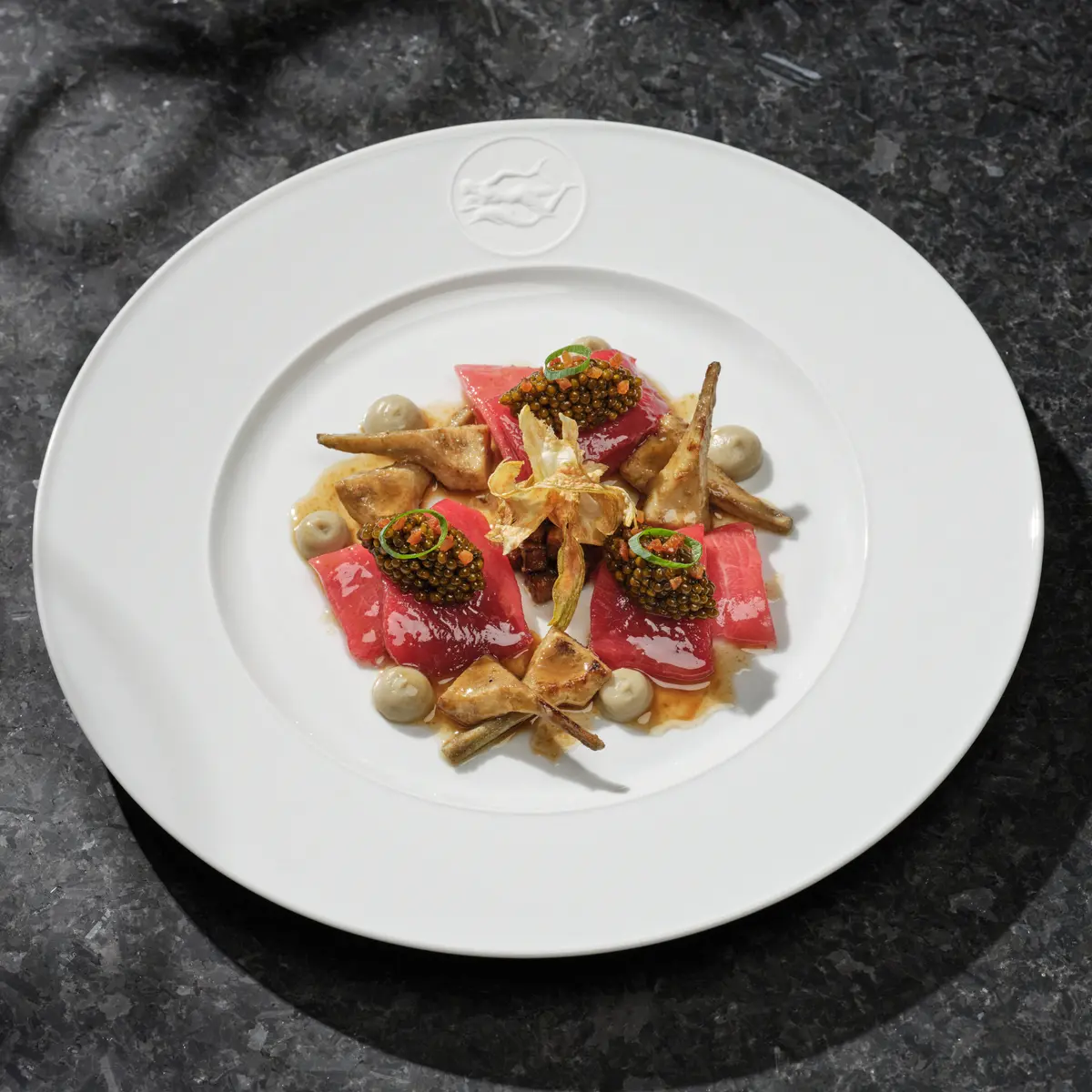 creation thumb for Pickled Tuna Belly and Back, Tuna Lard, Tuna Bacon Croutons