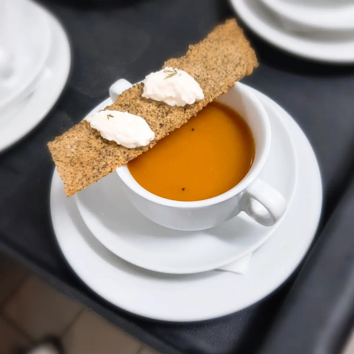 creation thumb for Pumpkin soup, pumpkin seeds cracker, cheese, honey and thyme