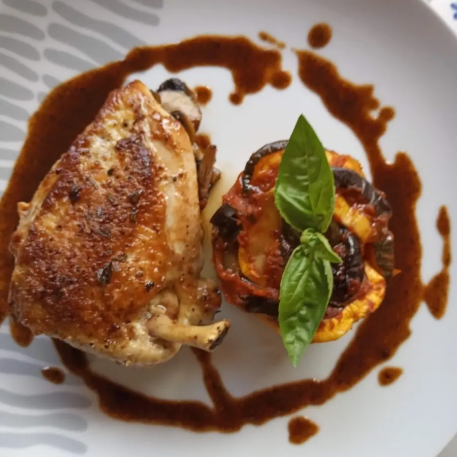 creation thumb for chicken breast, ratatouille, wild mushrooms and jus
