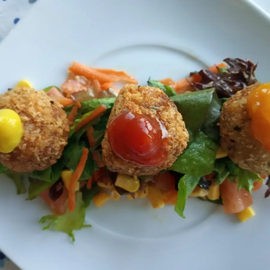 creation thumb for Beef curry croquettes, three sauces and salad.