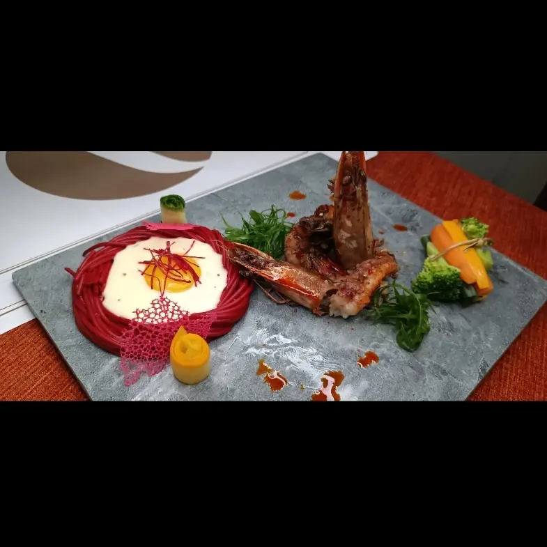 creation thumb for Beet puree Spaghetti with Pomegranate marinated Prawn