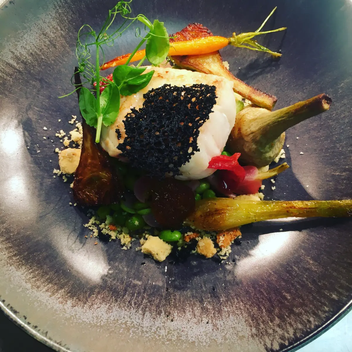 creation thumb for Filet of monkfish,spring vegetables,parmesan crumbel,served with à beurre blanc on side