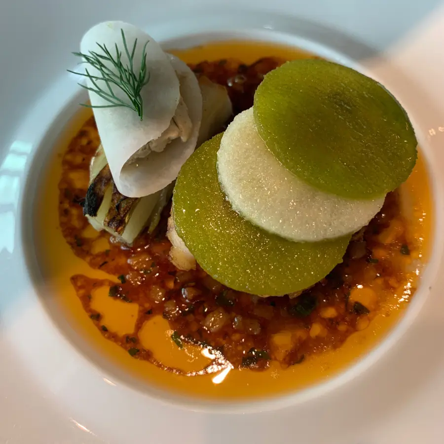 creation thumb for Monkfish with bacon vinaigrette with oyster ice cream and apple