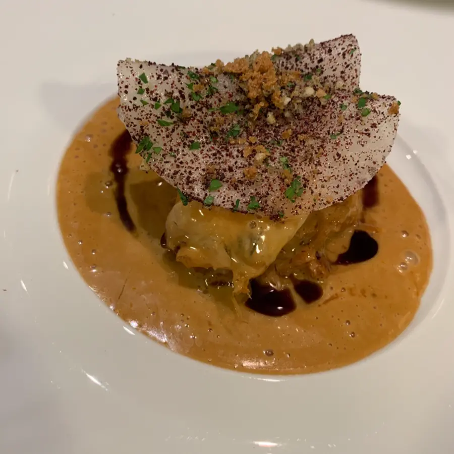 creation thumb for pike-perch hungarian sauerkraut creamy chicken sauce and sumac crispy chicken skin