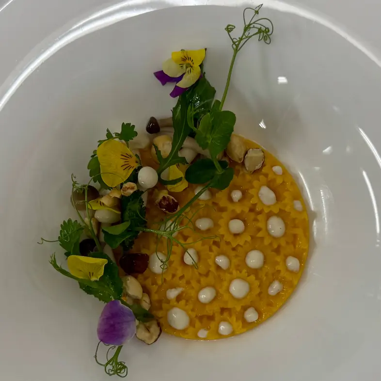 creation thumb for Pumpkin Coconut Panna Cotta | Pickled Beech Mushrooms | Hazelnut