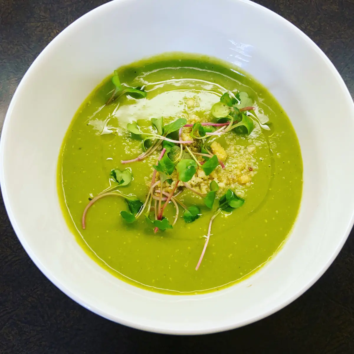 creation thumb for Vegan broccolini and asparagus cream,olive oil,pecan streusel, radish sprauts