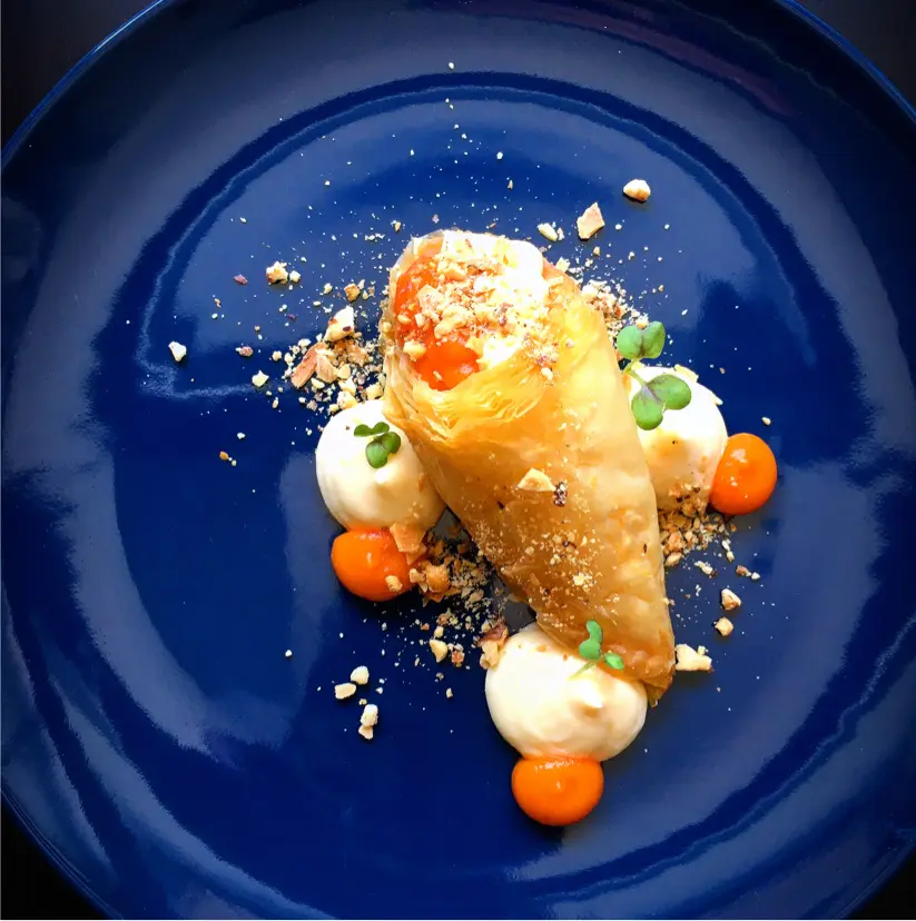 creation thumb for Triangle phillo pastry with mastic flavor cream.pumpkin pure