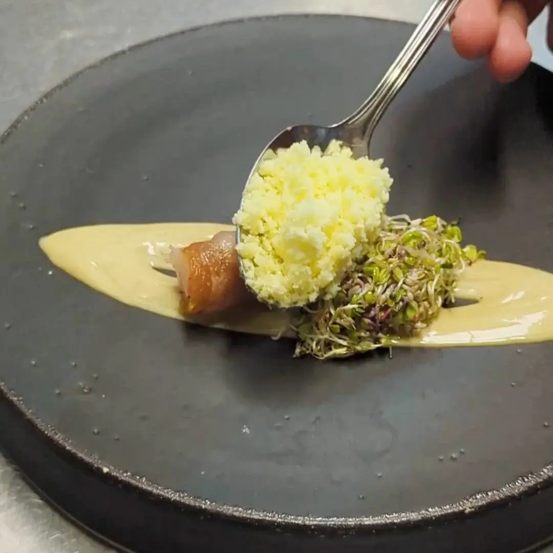 creation thumb for Prawn & Prosciutto Roll with Lemon Granita & Pistachio