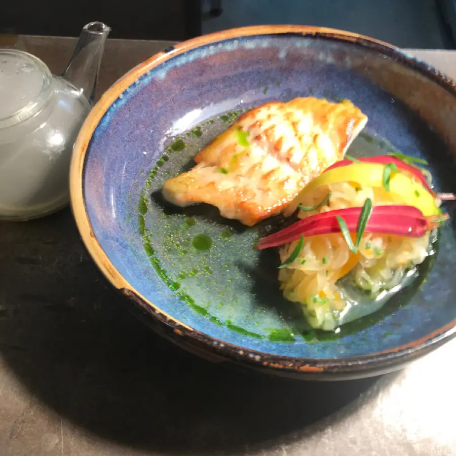 creation thumb for Turbot, squash, mouli, miso,smoked dashi & nettle