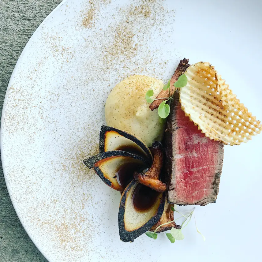 creation thumb for Porcini crusted filet, pommes purée, charred onion, jus
