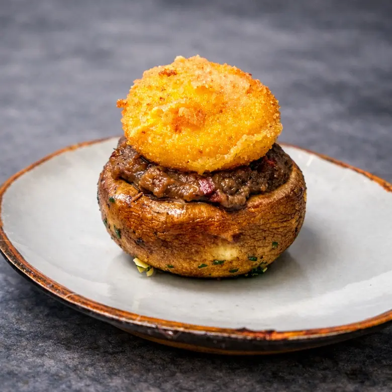 creation thumb for Stuffed Mushroom with Serrano Duxelle and Fried Yolk