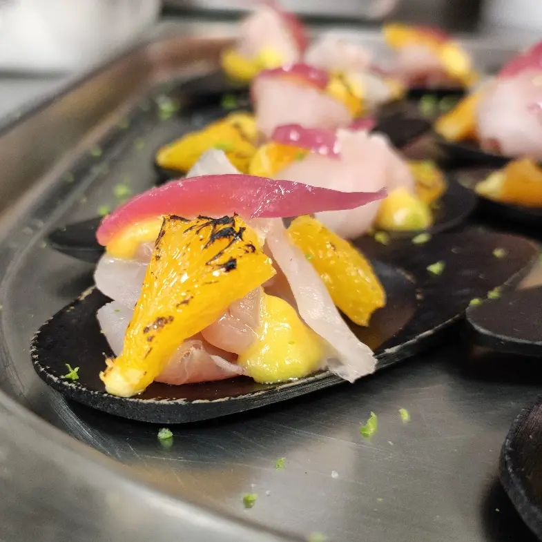 creation thumb for Croaker, pickled red onion, burnt orange, lemon gel