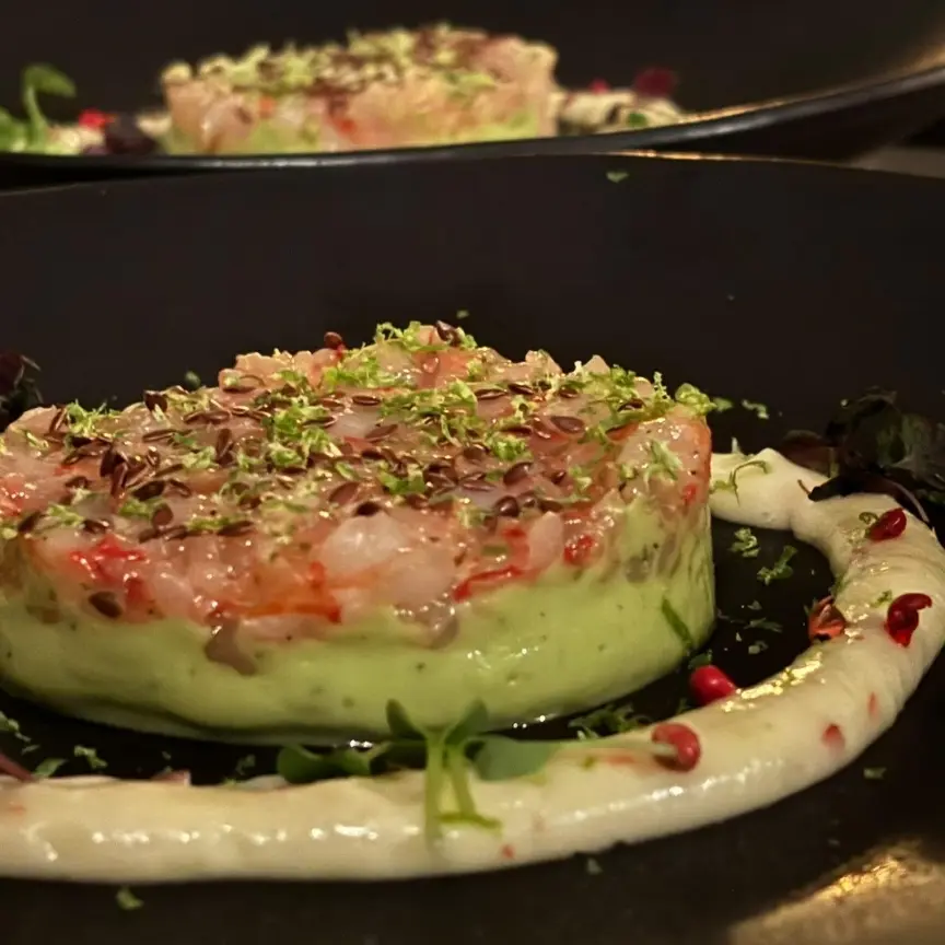 creation thumb for Tartare of Red Shrimp, Guacamole, Lime and Pink Pepper Mayonnaise, Toasted Flax Seeds