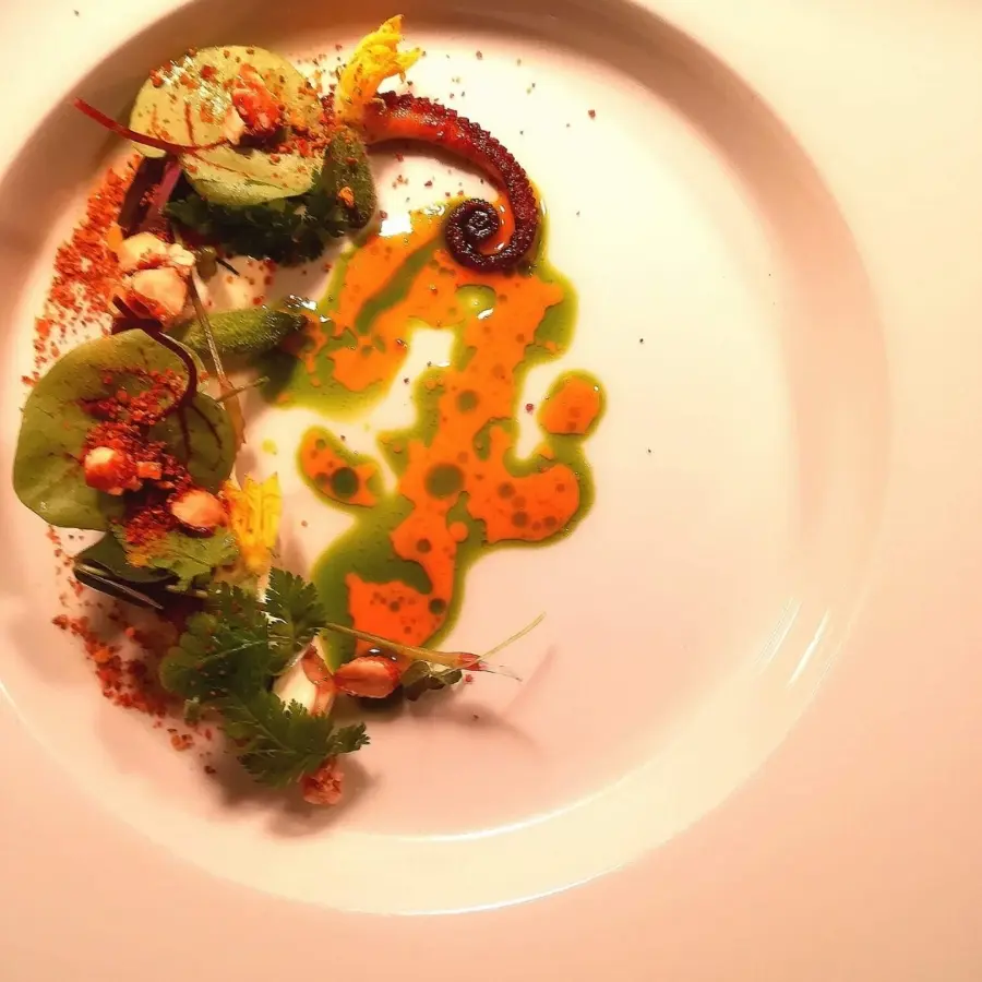 creation thumb for Octopus / pandan cream / roasted spiced almonds / seabuckthorn / dill oil / salted lemon