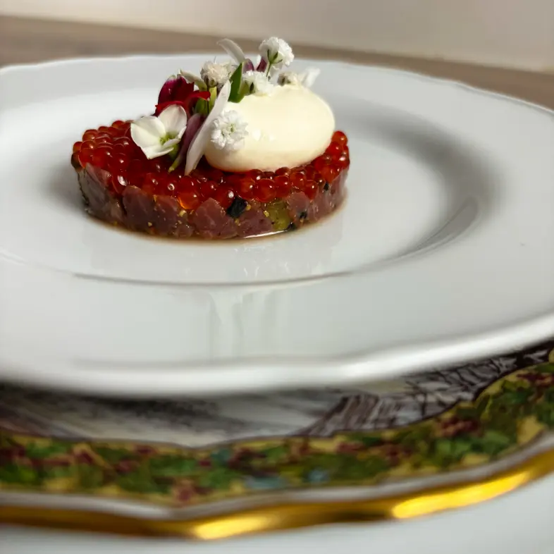 creation thumb for Dry aged beef tartare with whiskey washed trout roe