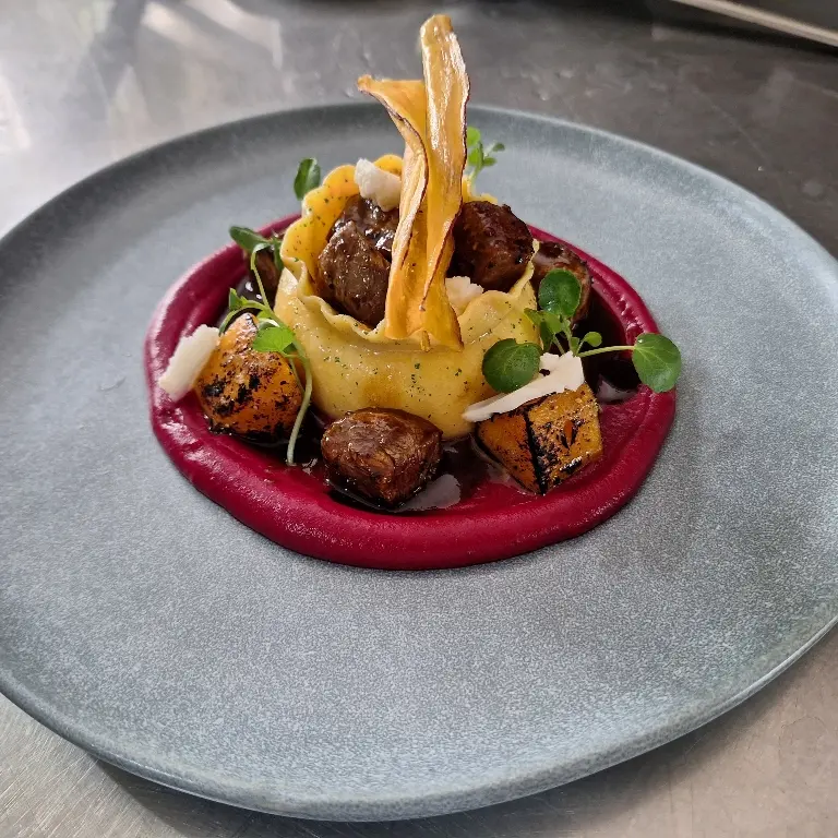 creation thumb for Tortello,roasted pumpkin,beet puree and strip roast