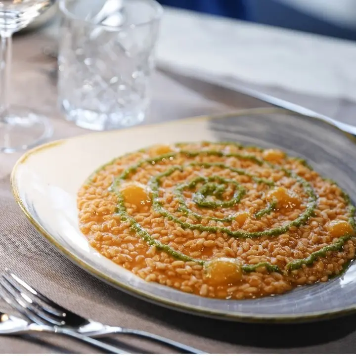 creation thumb for Risotto with scampi cream, salicornia pesto and grapefruit gel