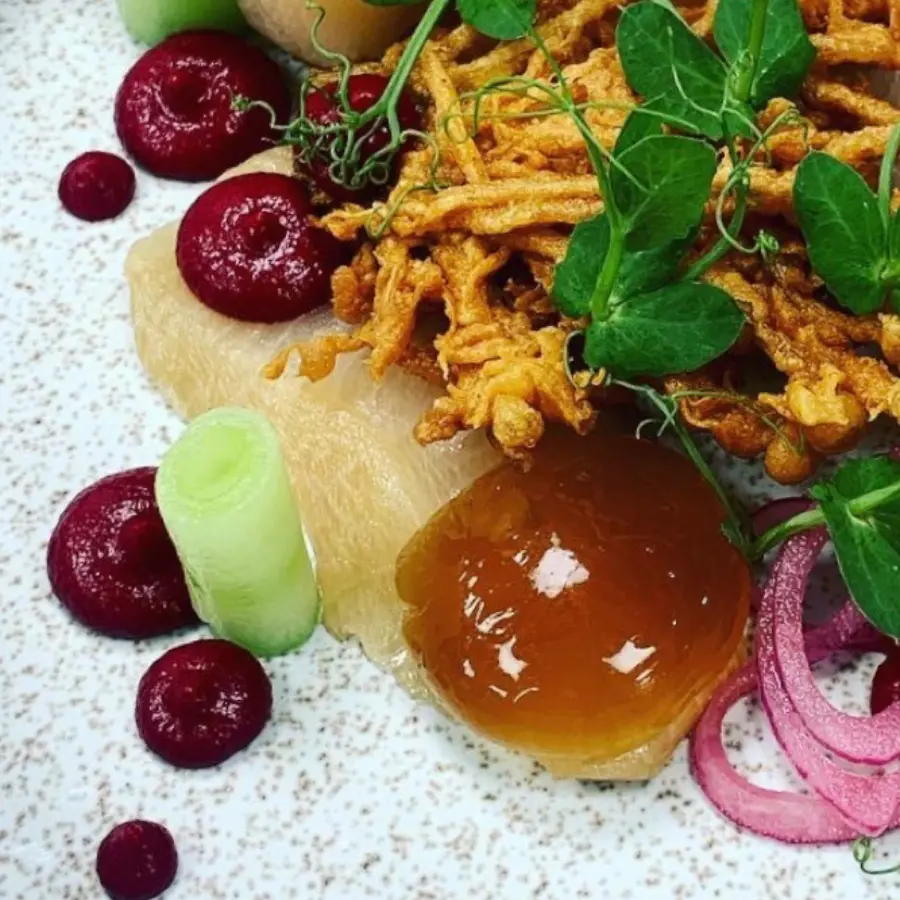 creation thumb for goldfish | enoki | beet root | blackberry | chanterelles