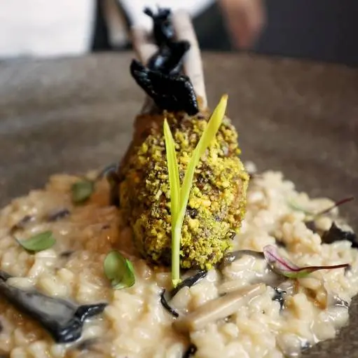 creation thumb for Pistachio-crusted lamb rack with wild mushroom risotto