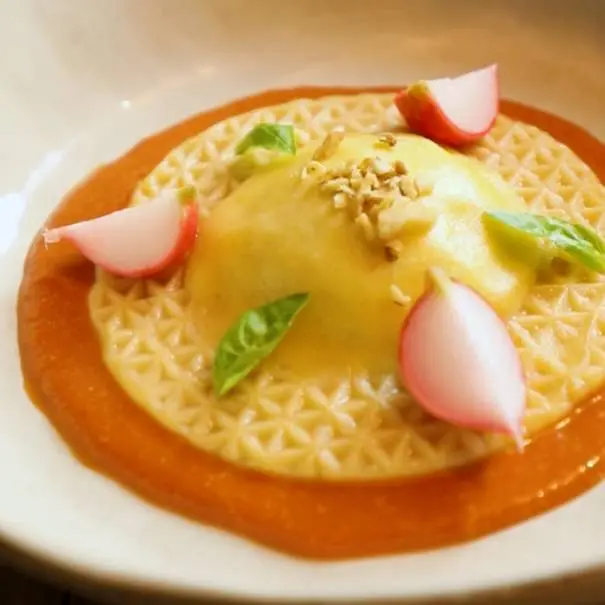 creation thumb for Ramsons and ricotta ravioli with tomato puree & sour radish